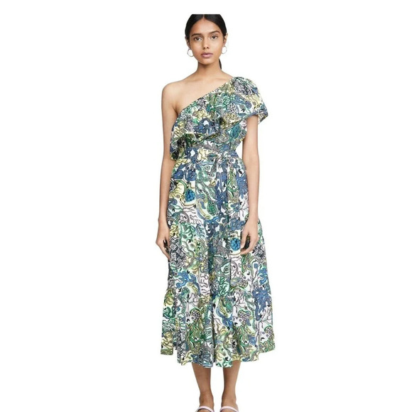 A.L.C. Janelle Midi Dress Size Small One-Shoulder Tie-Waist Printed $445